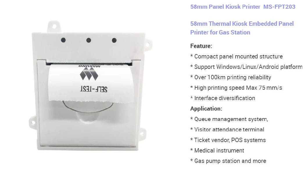 Ms-Fpt203 58mm Ticket Vendor Thermal Receipt Printer Kiosk Embedded Panel Printer