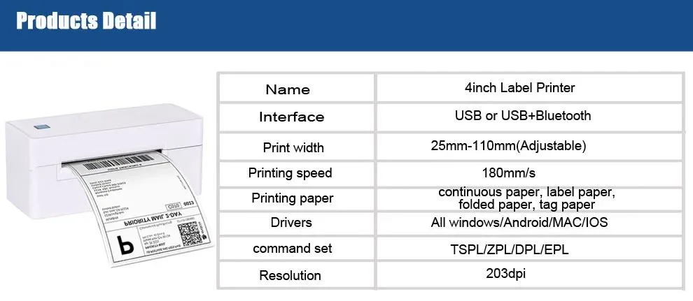 4 Inch Barcode Shipping Label Printer 4X6 Thermal Printer 110mm Sticker Shipping Printer USB Blue Tooth with Software